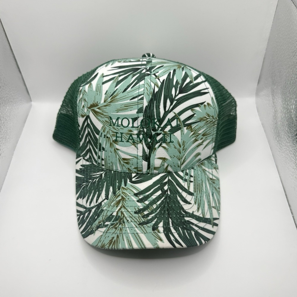 Molokai Hawaii Trucker Hat Green Tropical Leaf Snapback Mesh Cap Cappelli OSFM - Picture 10 of 14